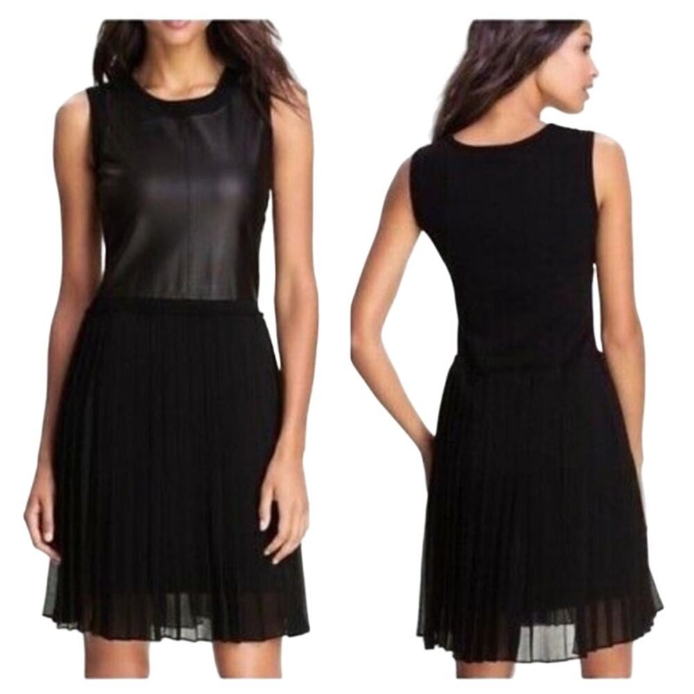 BCBGMAXAZRIA Cleo Faux Leather Chiffon Pleated Dress Sleeveless Party Formal XS